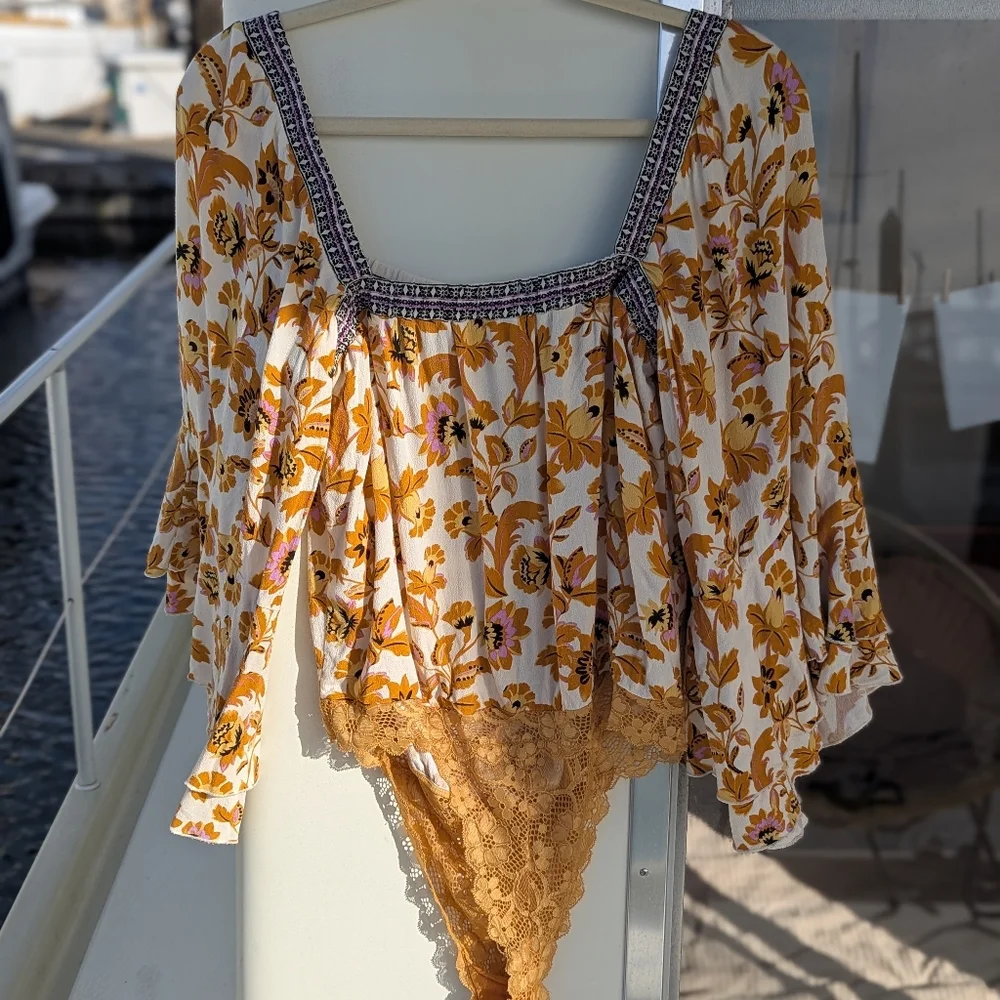Free People | Intimately Blooming Borders Bodysuit Lace Medium Yellow Orange